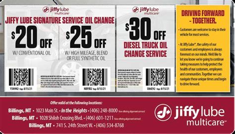 Jiffy lube coupons indiana - The truth is, it depends on what kind of vehicle you have. In the past, almost all cars and trucks required five quarts of oil for an oil change. But now, with the greater range of engines found in modern vehicles, that number can range from four quarts to 10 quarts or more. Ask the trained technicians at Jiffy Lube ® how much oil is ... 
